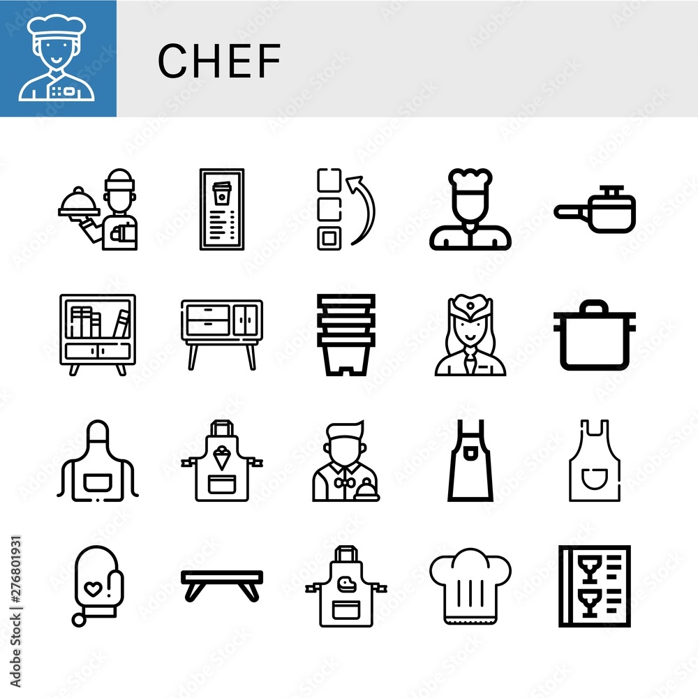 Set of chef icons such as Chef, Waiter, Menu, Cooking pot, Buffet, Pots, Hostess, Pot, Apron, Oven mitt, Breakfast tray, Chef hat , Set of chef icons such as Chef, Waiter, Menu, Cooking pot, Buffet, Pots, Hostess, Pot, Apron, Oven mitt, Breakfast tray, Chef hat ,