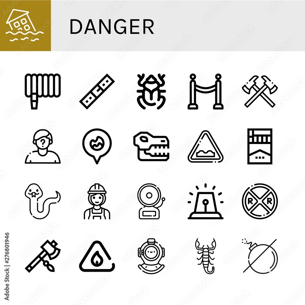 Set of danger icons such as Flood, Water hose, Belt, Beetle, Barrier, Axes, Suspect, Fire location, Skull, Uneven, Cigarette, Snake, Builder, Alarm, Railroad crossing , danger