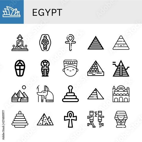 Set of egypt icons such as Sydney opera house, Great buddha of thailand, Mummy, Ankh, Pyramid, Sarcophagus, Nefertiti, Pyramids, Anubis, Cairo citadel, Mosh , egypt