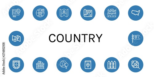 Set of country icons such as World, Earth, Map, Cairo citadel, United states of america, Portugal, Izba, Fence, Flag , country