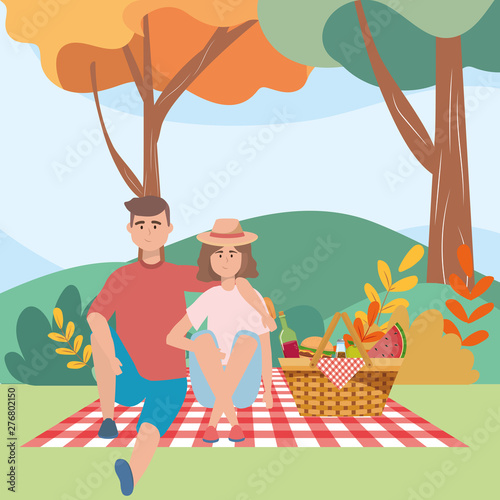 Couple of woman and man having picnic design