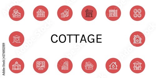 Set of cottage icons such as House, Izba, Home, Hut, Curd, Shelter, Condominium, Cabin, Wooden house , cottage