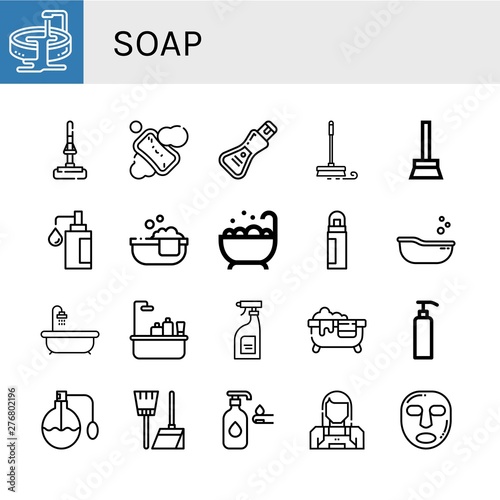 Set of soap icons such as Jacuzzi, Mop, Soap, Broom, Bathtube, Deodorant, Baby tub, Hot tub, Bathtub, Cleaning products, Gel, Perfume, Lotion, Maid, Facial mask , soap