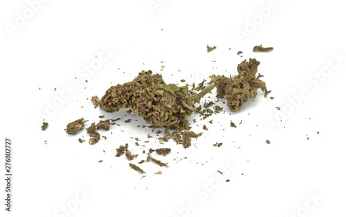 Close up of indica prescription and recreational medical marijuana dried flower bud and joint isolated on white background. Medical marijuana.Therapeutic and medicinal cannabis. Marijuana nugget.