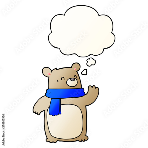 cartoon bear wearing scarf and thought bubble in smooth gradient style