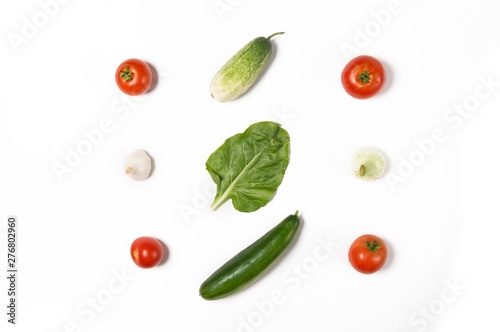 tomato,cucumber,spinach and onion vegetable isolated on white background