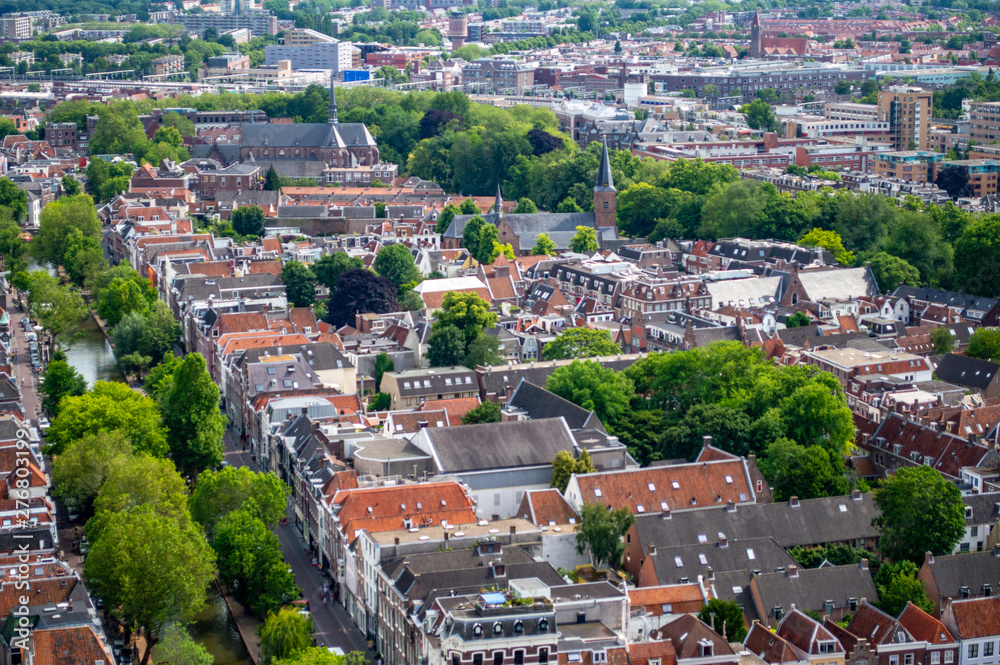 Aerial cityscape of medieval city of Utrecht in the Netherlands. View from the Domkerk.