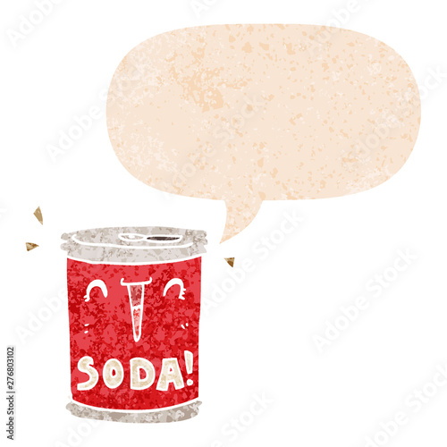 cartoon soda can and speech bubble in retro textured style