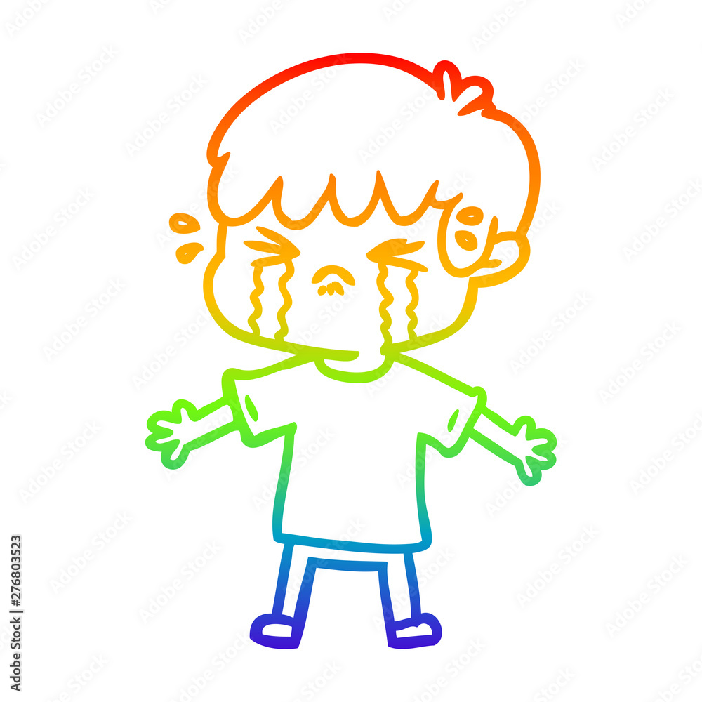 rainbow gradient line drawing cartoon boy crying