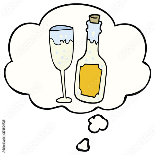 cartoon champagne bottle and glass and thought bubble