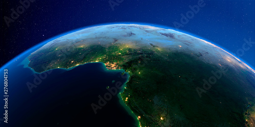 Fotografia, Obraz Detailed Earth at night. Africa. Countries of the Gulf of Guinea