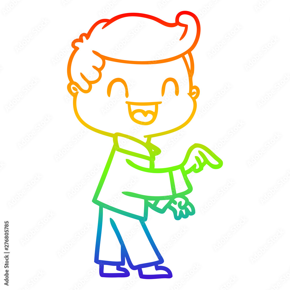 rainbow gradient line drawing cartoon happy man pointing