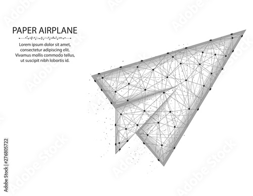 Paper airplane low poly design, flight up in polygonal style, origami plane wire frame vector illustration on a white background