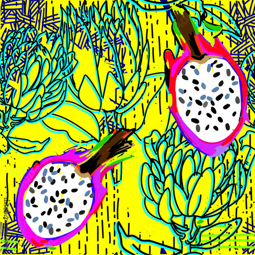 Seamless pattern with exotic fruits. Dragon fruit. Juicy colorful background, summer.