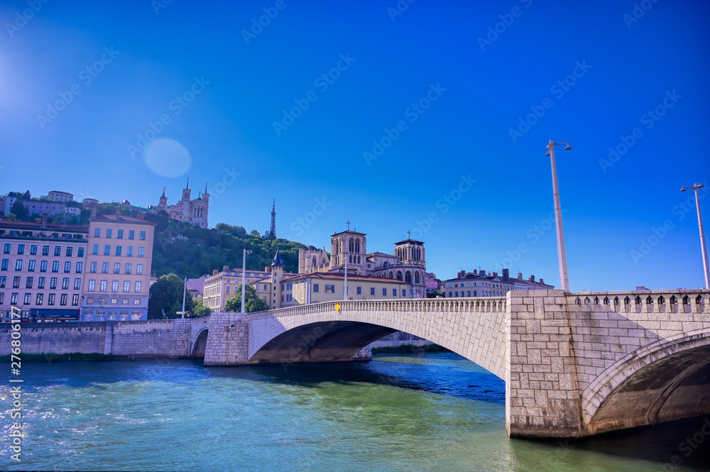 A view of Lyon, France along the Saone river in the afternoon.