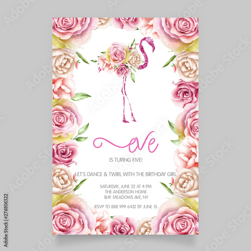 beautiful birthday invitation with watercolor flowers and flamingo © mariadeta