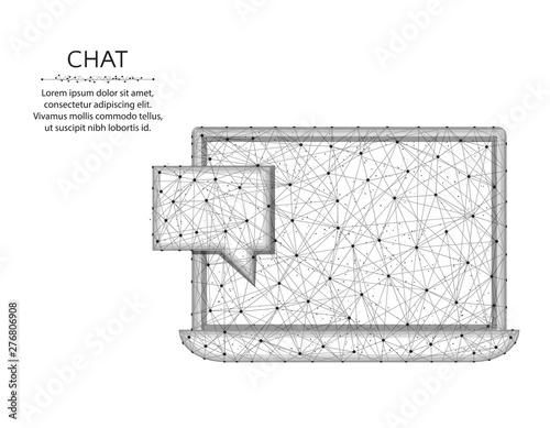 Chat low poly design, Laptop in polygonal style, one new message wire frame vector illustration on a white background
