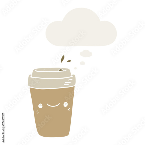 cartoon takeaway coffee and thought bubble in retro style
