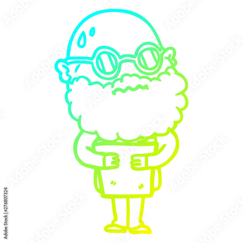 cold gradient line drawing cartoon worried man with beard and spectacles