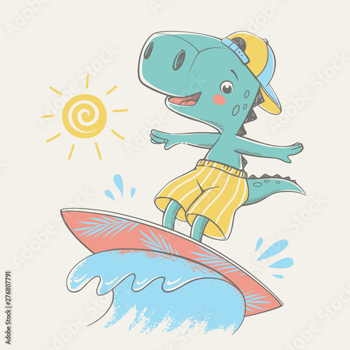Hand drawn vector illustration of a cute surfing dinosaur.