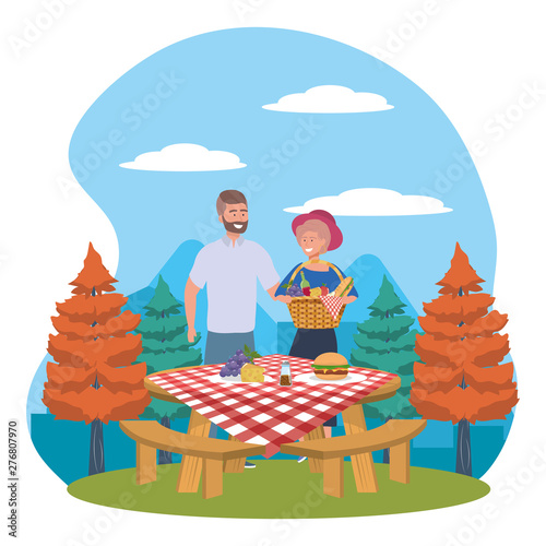 Couple of woman and man having picnic design