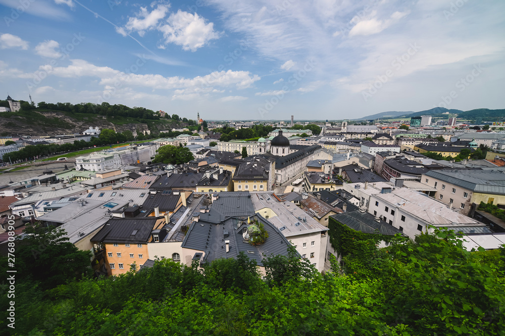 Views of the Austrian ancient city of Salzburg. Mozart's hometown. roofs, parks and architecture in summer