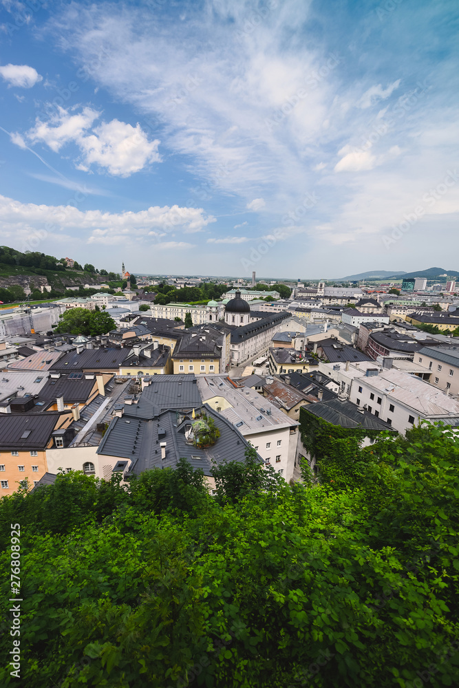 Views of the Austrian ancient city of Salzburg. Mozart's hometown. roofs, parks and architecture in summer