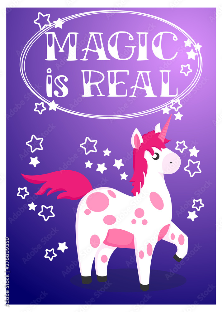 Hand draw unicorn illustration in cartoons style with motivation quotes magic is real for postcard, posters, t-shirts, web banners or another your design. Hand draw unicorn illustration in cartoons style with motivation quotes magic is real for postcard, posters, t-shirts, web banners or another your design.