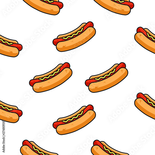 Hot Dog Seamless Pattern. Hot dog flat vector on white background