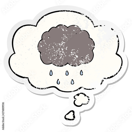 cartoon cloud raining and thought bubble as a distressed worn sticker