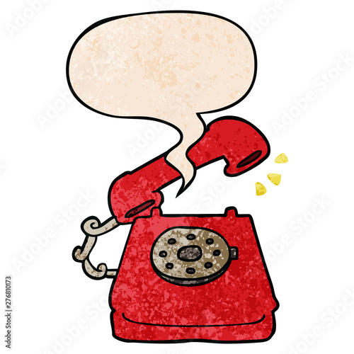 cartoon ringing telephone and speech bubble in retro texture style