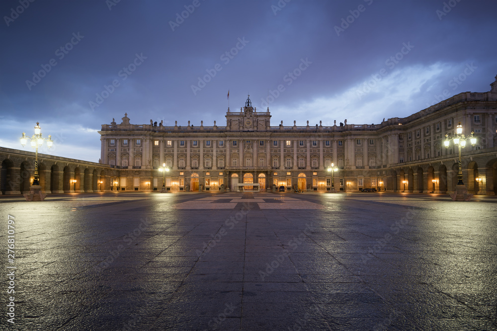 Madrid Royal Palace in evening twilight in Madrid, Spain..