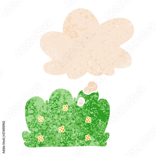 cartoon hedge and thought bubble in retro textured style