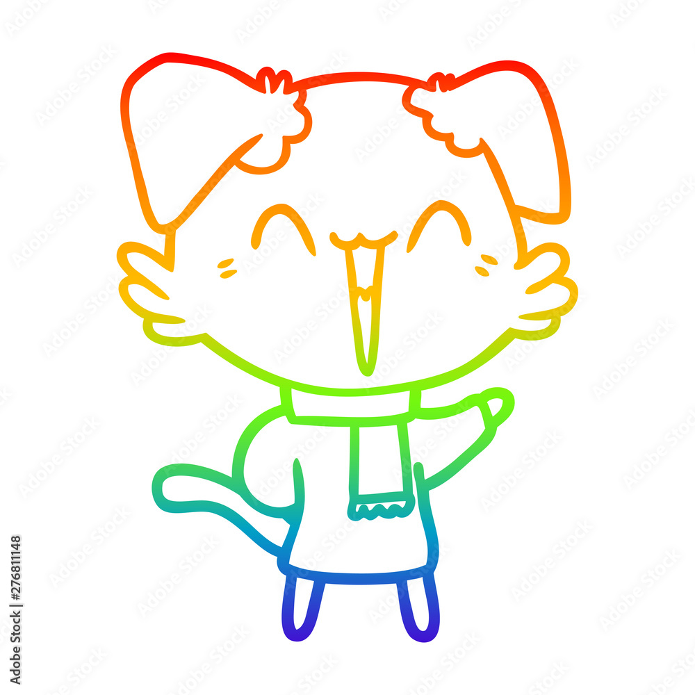 rainbow gradient line drawing happy little cartoon dog in winter clothes rainbow gradient line drawing happy little cartoon dog in winter clothes