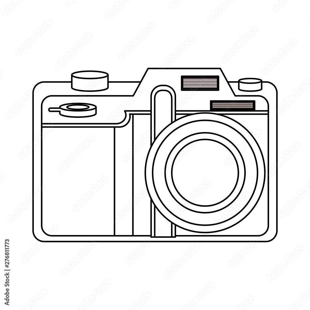 Modern photographic camera symbol isolated in black and white Modern photographic camera symbol isolated in black and white
