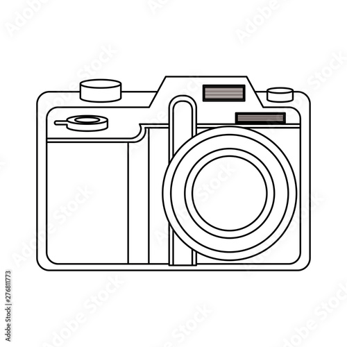 Modern photographic camera symbol isolated in black and white