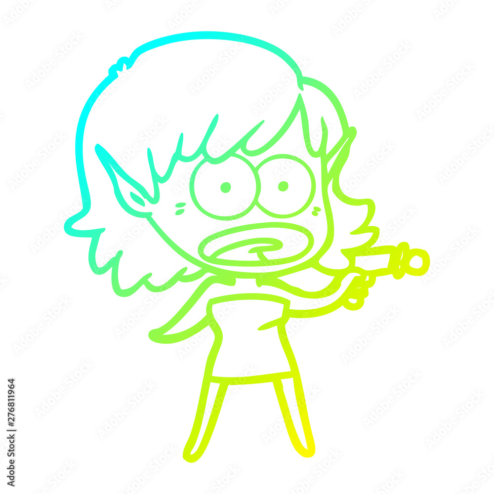 cold gradient line drawing cartoon shocked alien girl with ray gun cold gradient line drawing cartoon shocked alien girl with ray gun