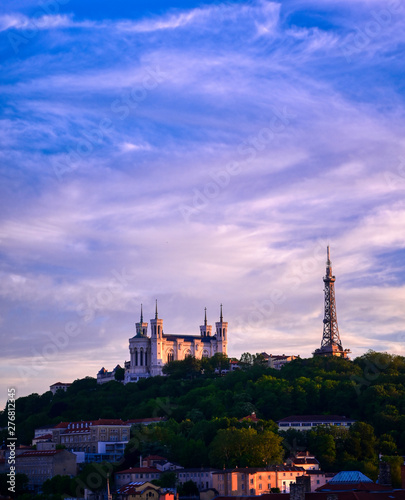Lyon, France and the Basilica of Notre-Dame de Fourviere from Jardin des plantes.