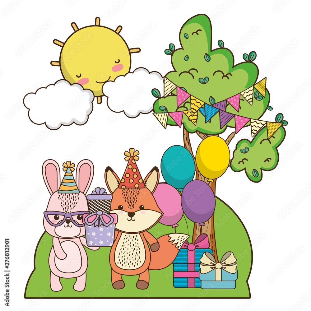 Obraz premium Fox and gift with happy birthday icon design