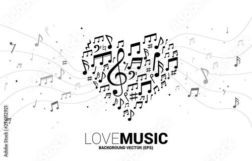 Vector music melody note shaped heart form . Concept background for song and love music concert theme.