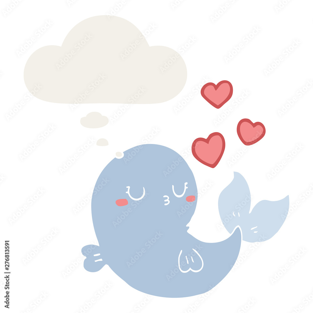 cute cartoon whale in love and thought bubble in retro style