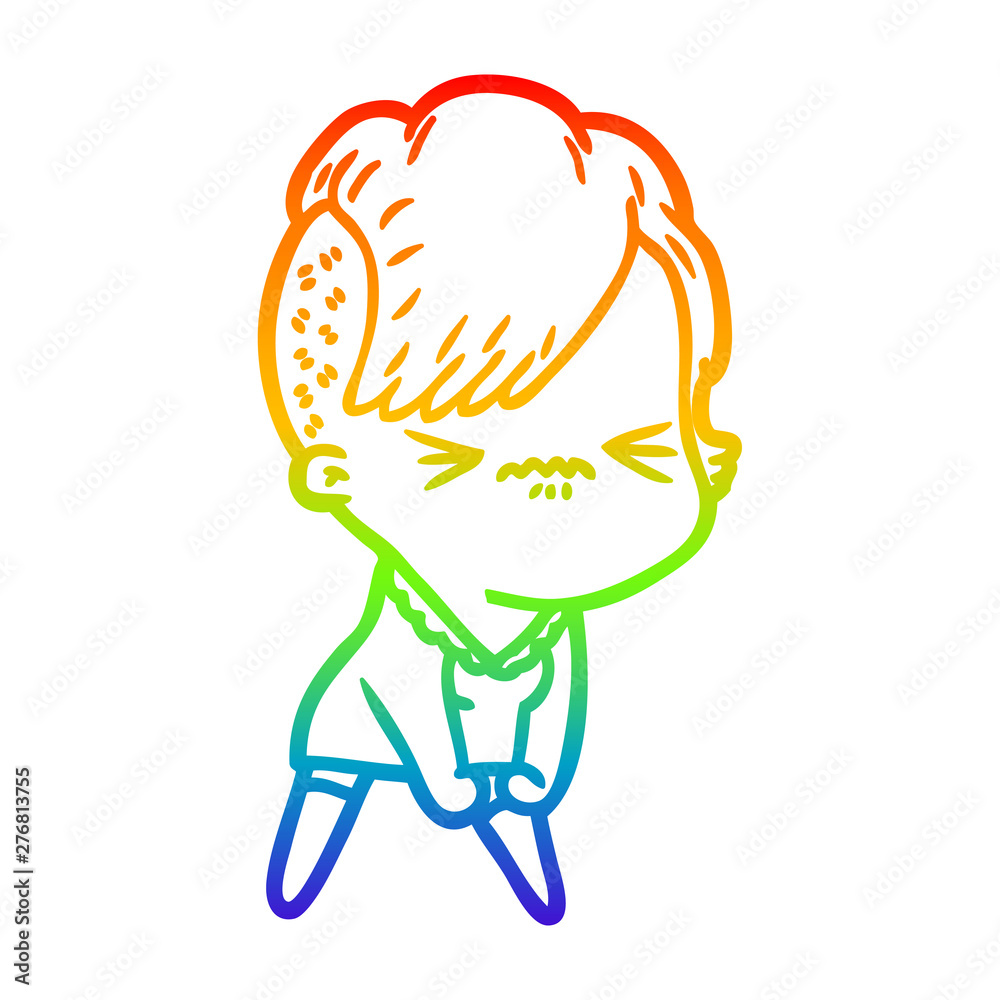 rainbow gradient line drawing cartoon annoyed hipster girl