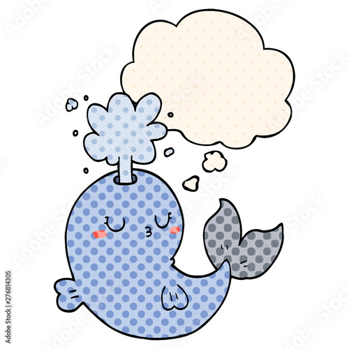 cartoon whale spouting water and thought bubble in comic book style
