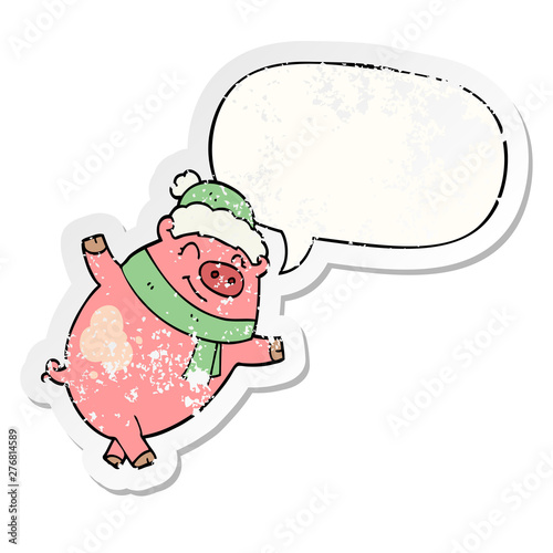 cartoon pig wearing christmas hat and speech bubble distressed sticker