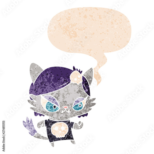 cartoon tough cat girl and speech bubble in retro textured style