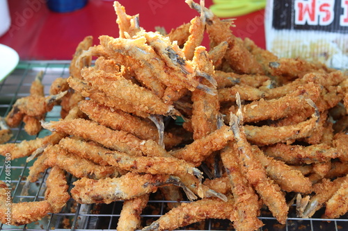 Deep fried Shishamo fish ,Japanese food that is very popular in street food of Thailand.