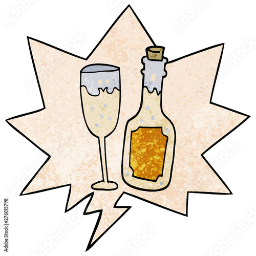 cartoon champagne bottle and glass and speech bubble in retro texture style
