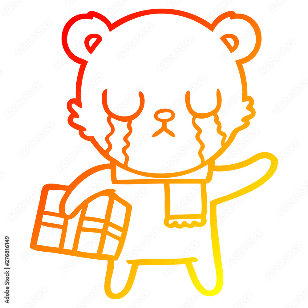 warm gradient line drawing crying polar bear cartoon with christmas gift