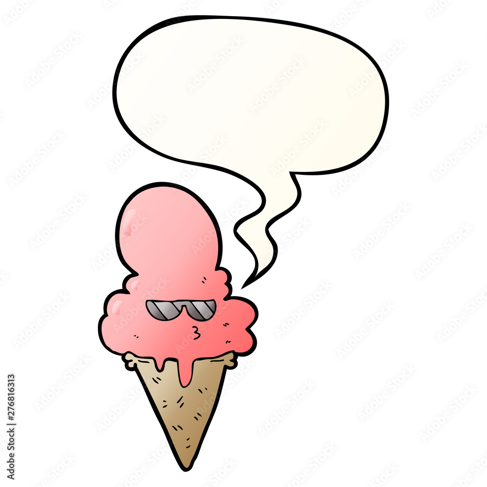 cartoon cool ice cream and speech bubble in smooth gradient style