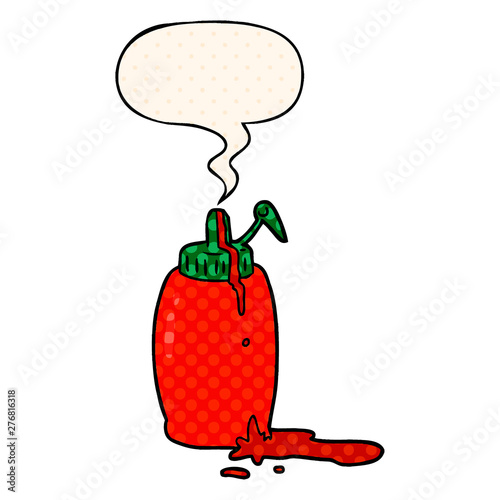 cartoon tomato ketchup bottle and speech bubble in comic book style